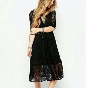 Free People 0 XS Black Boho Goth Lace Flowy Dark Cottage Floral Party Love Dress